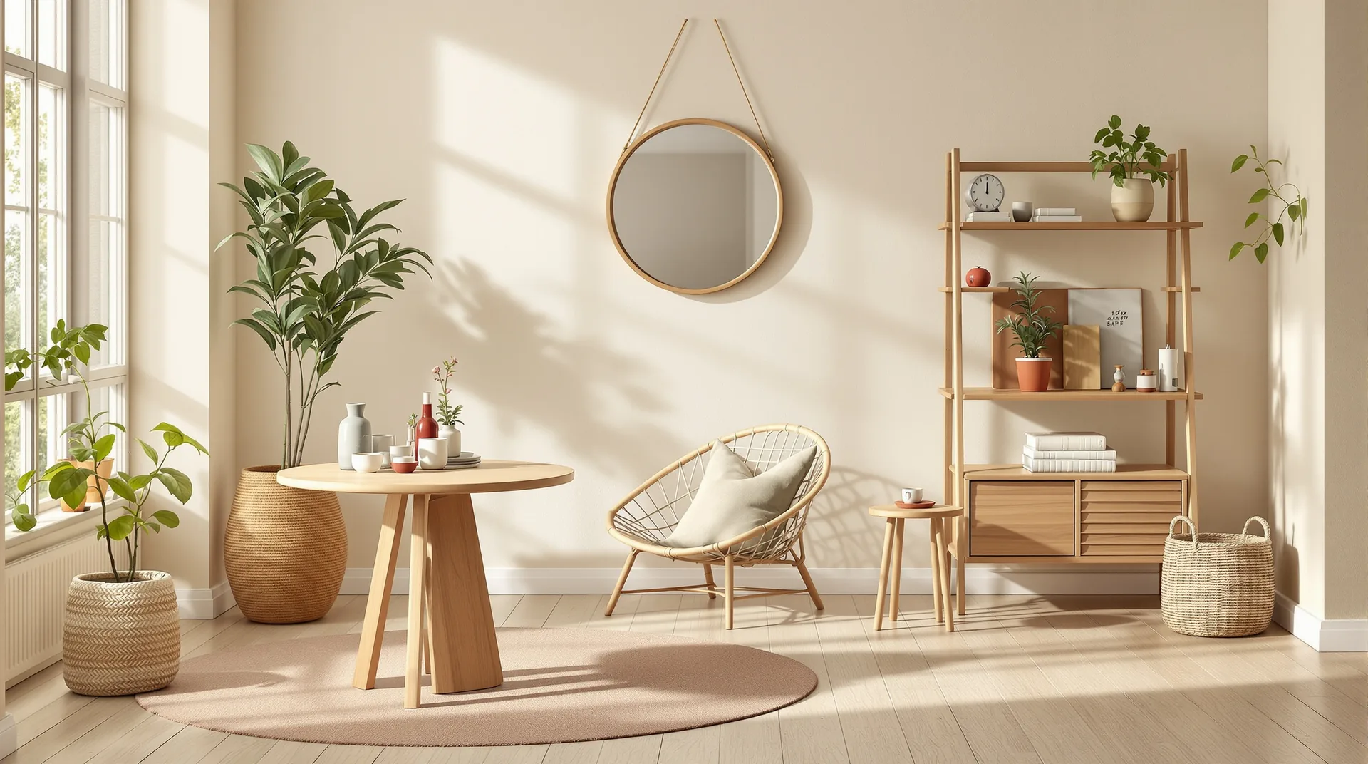 Table d’appoint, lampe et étagère en bois réunis dans un salon clair